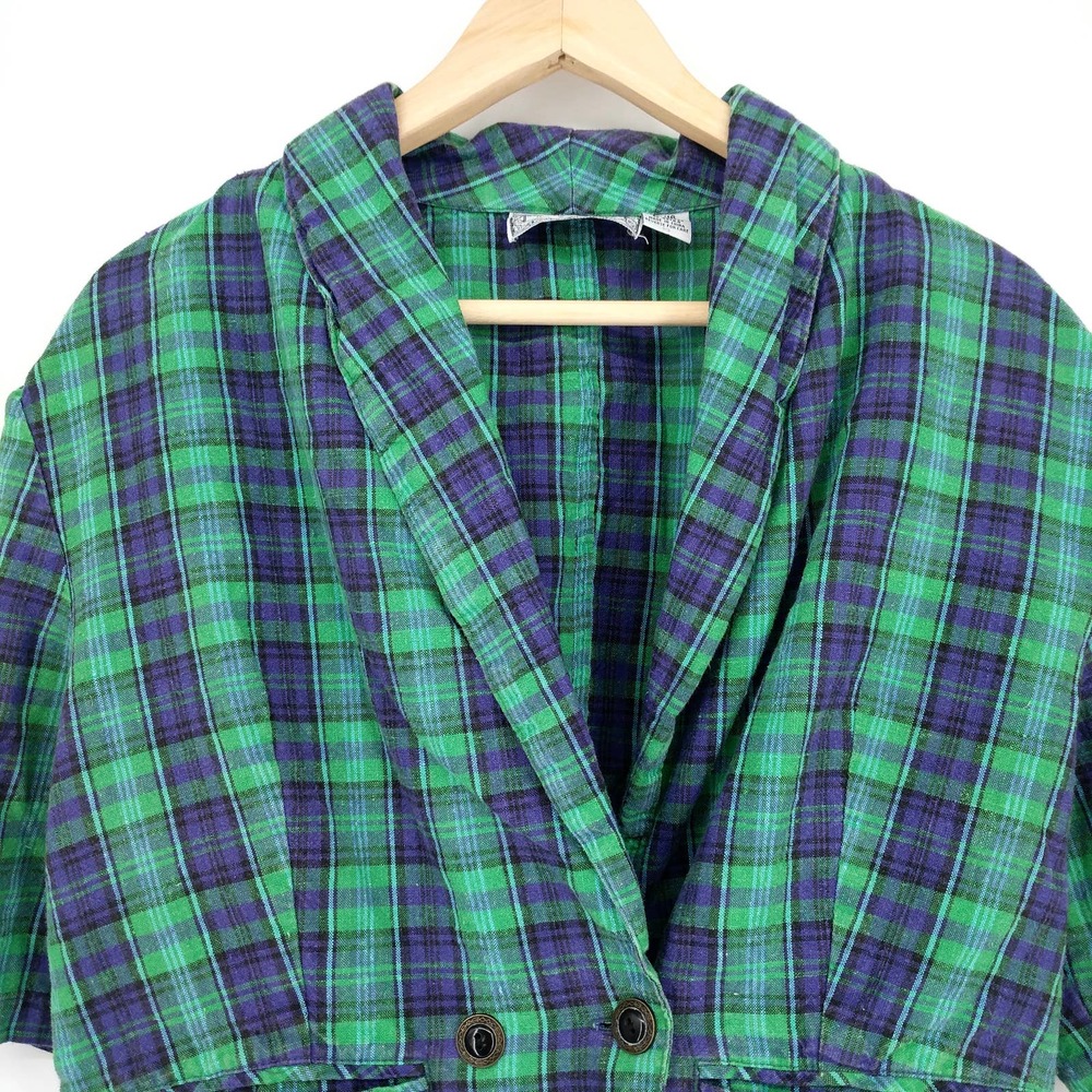 Vintage Justin Allen Plaid Crop Blazer Jacket Retro Boho Indie Blue Green 15/16 - Picture 2 of 8